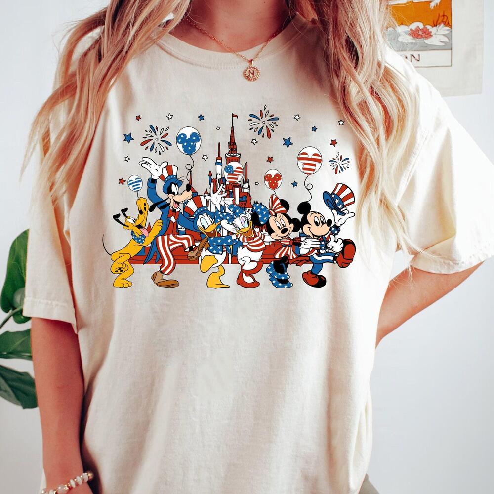 Disney 4Th Of July Mickey And Friends Balloons Usa Flag Shirt 1